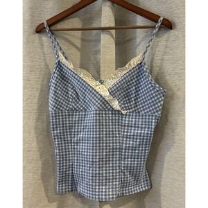 Cosmos Gingham Plaid Baby Doll Tank Top Y2K‎ Blue L Cottagecore Peasant Beachy